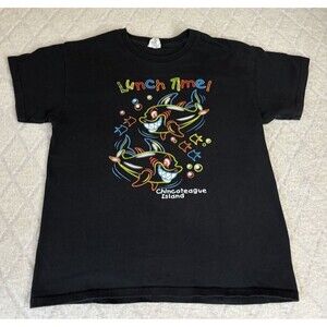 Vintage Delta Y2K Lunchtime Chincoteague Island Shark Graphic Black Tee Size YL